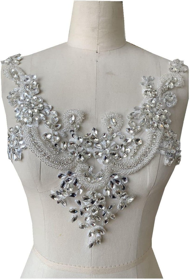 wtbvn Handmade Rhinestones lace Applique handsewing Beads Trim Patches Neckline for Dress Clothes Accessory (White) - Image 2